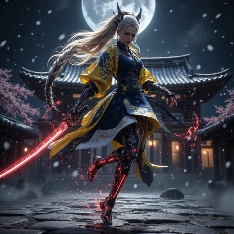 (masterpiece)、 moonlight、((Whole body))、((Running))、 WIDE FULL SHOT、He holds the Japanese sword of Crimson Lightning in his hand、 Extraordinary Beauty、Night snow and cherry blossoms are dancing at night、 Dark Light Up、Ancient Temple Background 、, she is we...