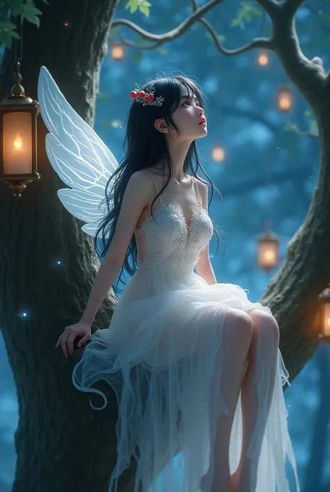 a serene scene, a delicate girl, similar to a fairy, sitting in a tree high up. She has white and flowing black hair and wears a shiny dress with red fruits and matte details. She has bright white fairy wings, intricately detailed with an icy texture. His ...