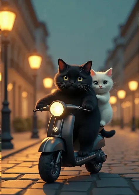 I have a thick black cat with a round face 、He's on the road 、 he's riding an electric moped 、 he has his white cat girlfriend on the back、evening、The background is a street with street lights on the promenade 。Background blur