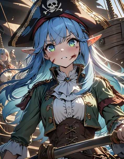 cinematic lighting, UHD, ((masterpiece)), super detail, (detailed eyes, detailed face), high quality, highres, high details, Pirate, Captain, blue Hair, Elven girl, On the pirate ship, Covered in wounds, (Raise her saber and encourage her allies), ager
