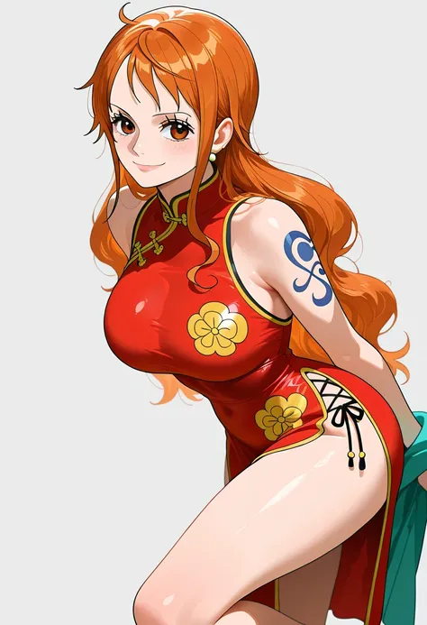 masterpiece, best quality, amazing quality, 1girl,Nami , one piece , orange eyes, orange hair, long hair, black Chinese cheongsam, beautiful legs, raising one leg, smile, cowboy shot, leaning forward, simple background, medium size boobs , golden ratio fac...