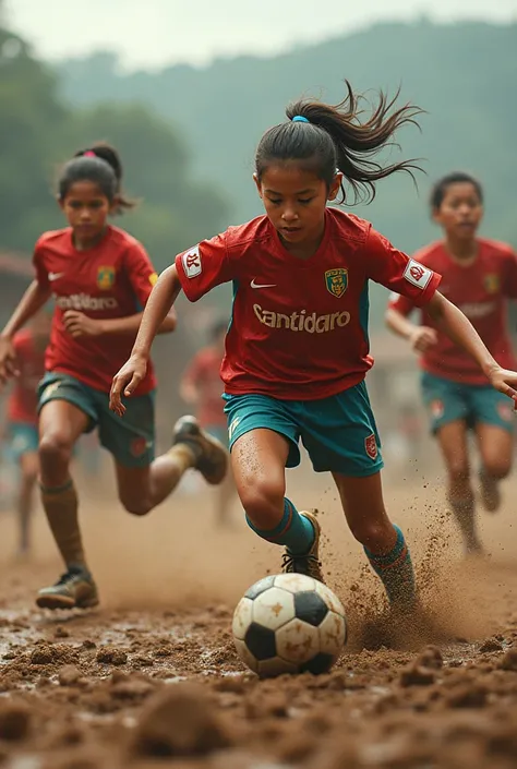 An image of people playing soccer with Cantidano jerseys in the mud 