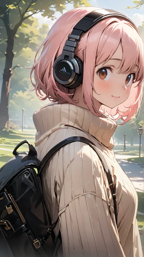 (((sfw, masterpiece, best quality, ultra-high-resolution illustrations, beautiful artwork, award-winning works))), 1girl, cute, short, (soft pink-brown short bob:1.2), (round face:1.2), (kind smile:0.8), large brown eyes, (((droopy eyes, tareme))), looking...