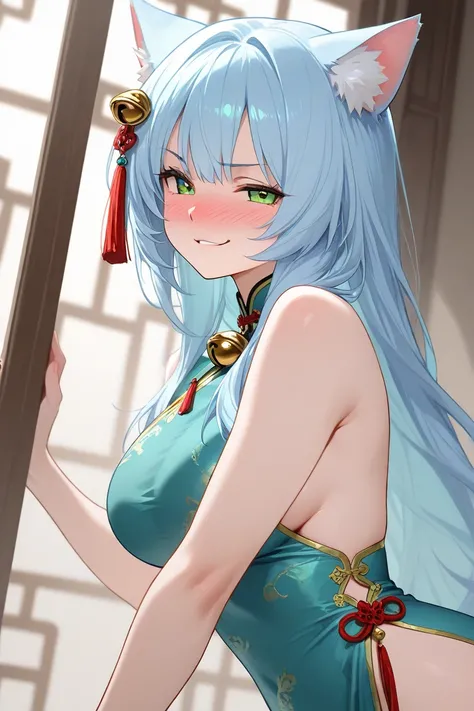 cat girl, light Blue long hair,green eyes, bell hair accessory,smirk, nose blush ,cheongsam,sexy,side angle, breasts