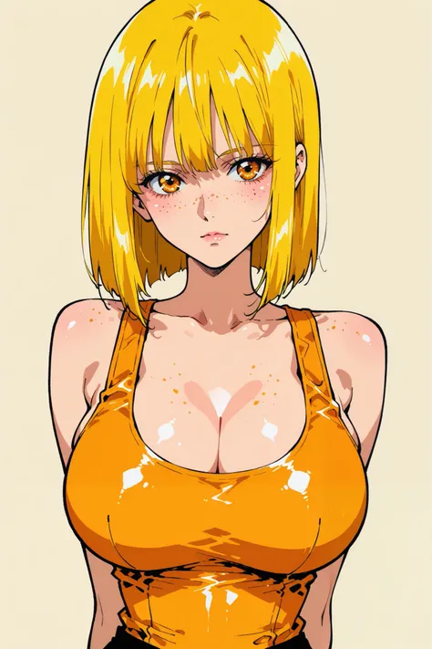 illustrated anime, style retro classic, One young asian girl、bangs、freckles、high school girl、Slender、Slender body、sexy pose, arms behind back, yellow hair, big orange eyes, (anime), manga, big breasts, cleavage, (solid background), 




