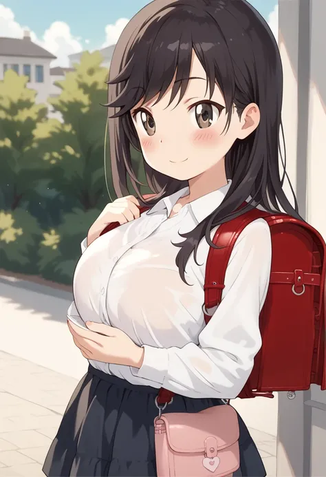 solo, blush, ((loli)), (ichijou hotaru, solo, black hair, black eyes, black hair, long hair, large breasts), red backpack for primary school students, outdoor, smile, countryside