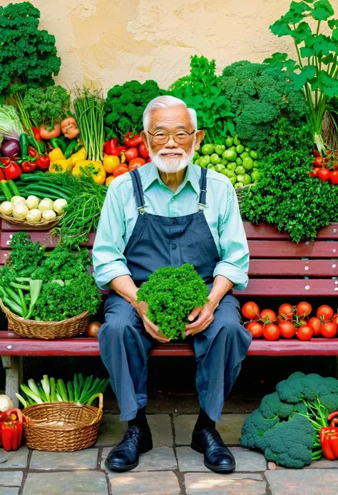    picture of an old man sitting on a bench   ，   A lot of vegetables are drawn around,    comic cover   , Inspired  by Koo Reilly , wife, Cover illustration,    author David Diao,  by Koo Reilly ,    author：Yang Hui , wife cyborg merchant, an wife, by Li ...