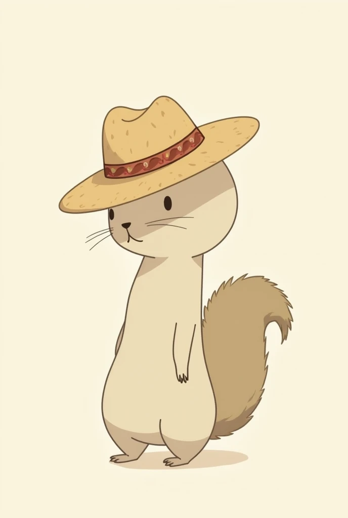 The back of a very simple, colorless squirrel character wearing an animated one-piece Rupee's straw hat