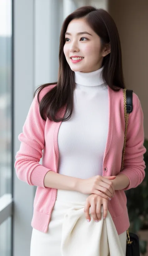  an office lady, standing by the window, using a pink knit jacket with a long sleeve t-shirt with a white turtle neck model, using a long skirt to the toe maxi model in white color ,  big boobs, beautiful smile 