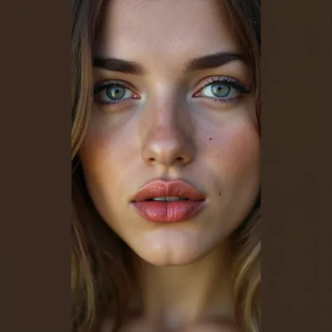 Young woman with red, fleshy lips,  blue eyes,  Long eyelashes ,  bushy eyebrows, pronounced nose, rosy cheekbones,  freckles on the face.alta resolución, alta resolución, alta resolución,  body masterpiece, La mejor calidad,  tall details, muy detallado, ...