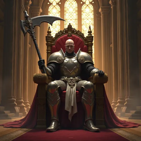 A paladin seated on a throne holding a sickle 