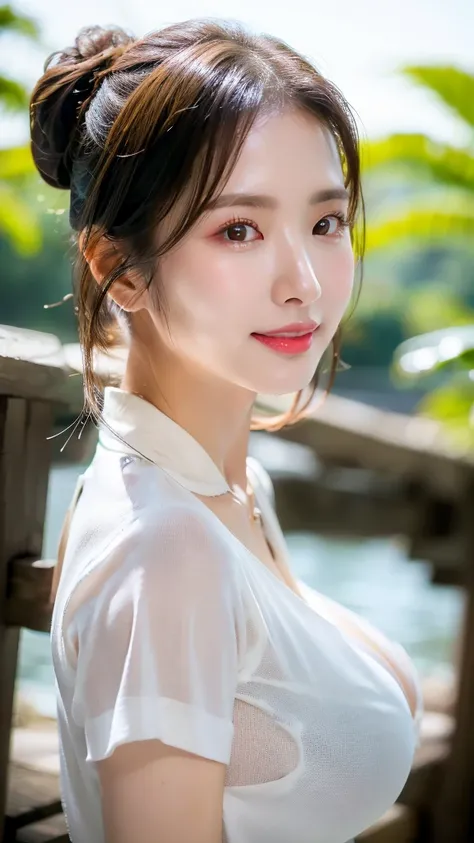 1 girl, ((8k, raw, masterpiece: 1.4)), (Professional photography, sharp:1.2), ((half body photoshoot)), Perfect dynamic composition, (Natural sun light), (soft shadow), (huge breasts: 1.5), (((black ponytail hair))), Ultra-detailed faces and skin, perfect ...