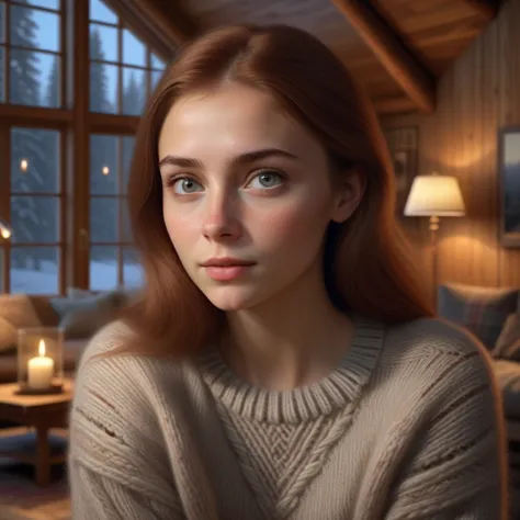 16k, masterpiece, photorealistic,a cute russian girl , delicate pastel eyes , auburn brown razor cut hair ,buff skin, soft skin texture, skin grain, wool knitted intricate clothes , cozy living room in a wood forest lodge, nightime