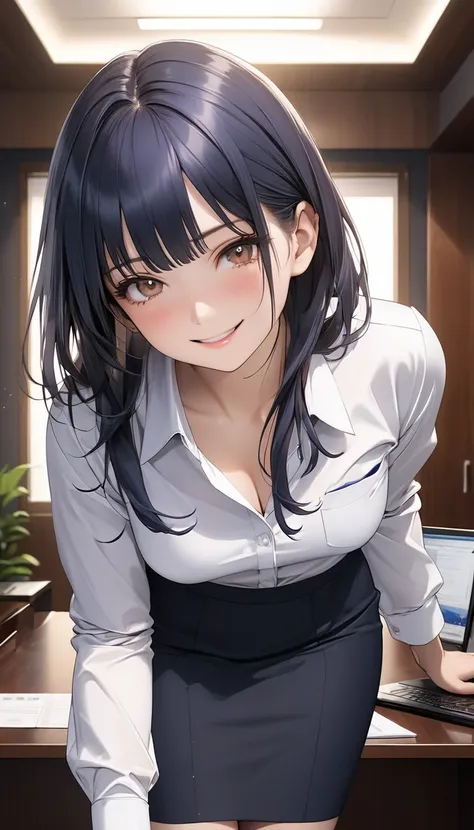 a beautiful young business woman in her 20s, office lady, hurrying to work, Yamada Anna, dark blue hair brown eyes, beautiful detailed face, medium breasts, smiling expression, elegant office attire, cinematic lighting, office background, masterpiece, High...