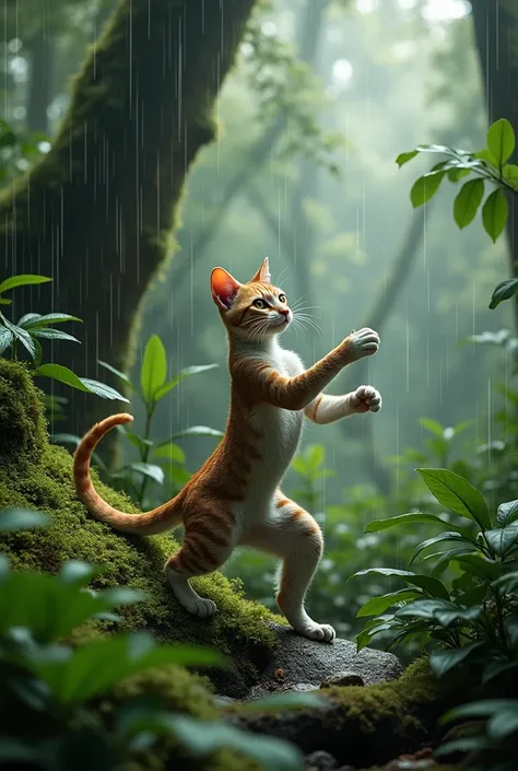 Create a cat exercising in the rain forest 