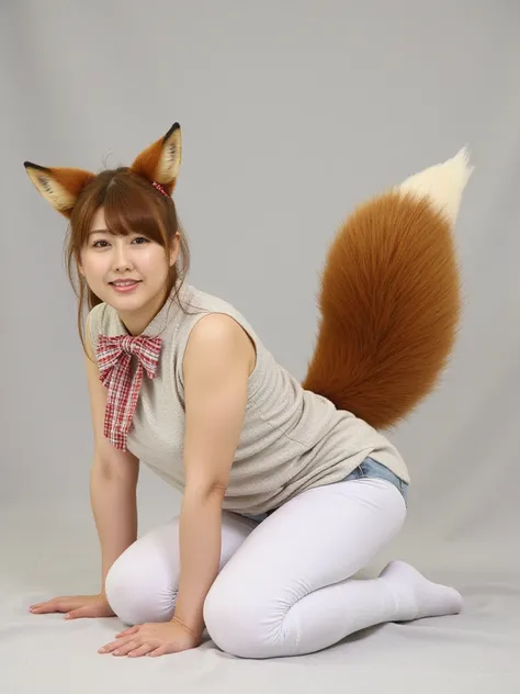 ((  top quality , 8k)), (( Juliet's sleeve 1 dumb haired girl)), ((  photorealistic)), (Masterpiece),  perfect face with 1 girl , ((Woman with fox ears )), ((That woman has a tail )), foxgirl, (Her tail is big  ), ( That beautiful woman is smiling), She's ...