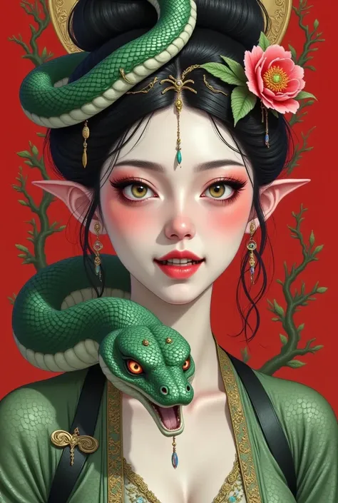 Close-up of a woman，She has a snake on her head,  Oliver Sheen （Oliver Sin） character portraits,  Artstation Contest Winner , Fantasy Art, Portrait of Dragon Girl, Fantasy Art style,  Detailed matte fantasy portrait , detailed digital 2d Fantasy Art, fanta...