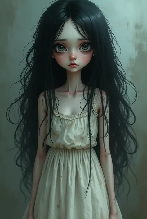 Appearance: The girl is a pale, frail-looking teenager with long, tangled black hair that cascades over her thin shoulders. Her eyes are a chilling, stormy gray, with dark circles beneath them, as if she hasn’t slept in weeks. Her tattered white dress is s...