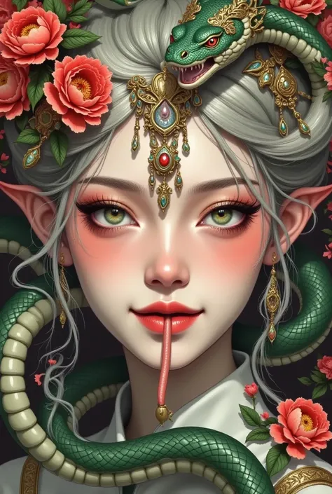  Close-up of a woman with a snake and flowers, Digital painting inspired by Pu Hua , DeviantArt Contest Winners , Fantasy Art, the Dragon Girl portrait, Lady with a snake face ,  Beautiful digital illustrations ,  full-color digital illustration ,  a beaut...