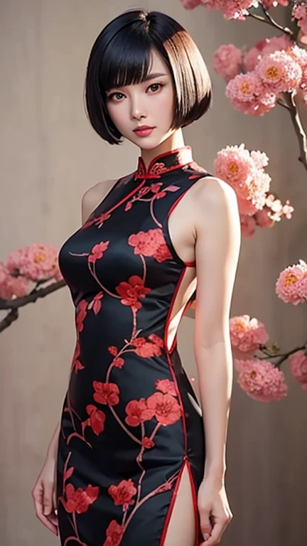 A short-haired woman with a sleek bob haircut and black hair, stands tall wearing a traditional red Chinese qipao blossoms pattern, medium long body shot