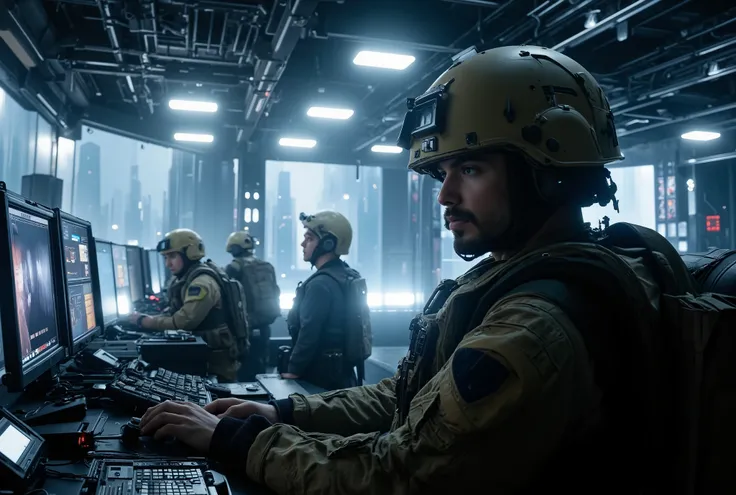  Pacific Rim , Monster Invasion Warning ,  Earth Defense Force Mobilization ,  Future Technology,  photorealistic style ,  Photographed with Fujifilm X-T20 and 35mm Lens,  Bright Emergency Light ,  Military Base Atmosphere .