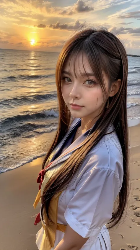  An idol like a Japanese woman , long hair ,Straight hair, round face ,Bursting  , Sailor suit , As shown in the picture  ,  golden sand on the beach at sunset 