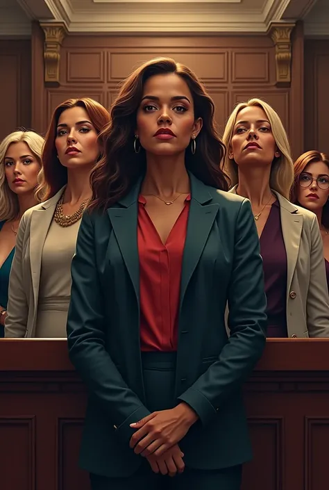 courtroom scene with women of diverse backgrounds standing confidently.