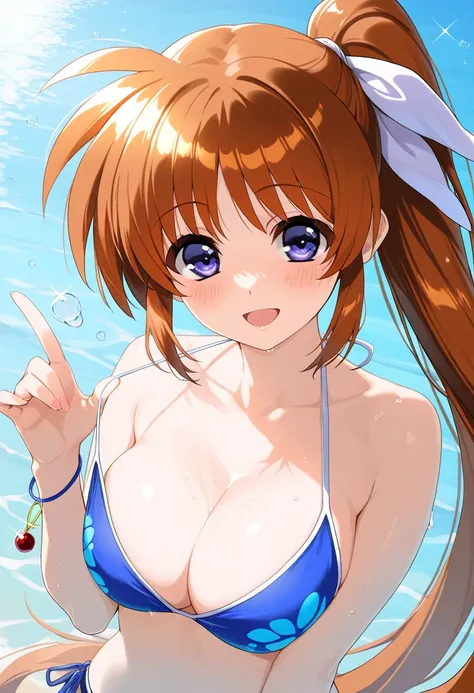 takamachi nanoha, takamachi nanoha,(1girl bikini ocean watersplash bubble）best quality ( best quality )、(Nonsense)、( very detailed)、( very beautiful way to hold ) information best quality 、 Ultra-fine、Most HD、 very detailed、masterpiece、 best quality 、{{ be...