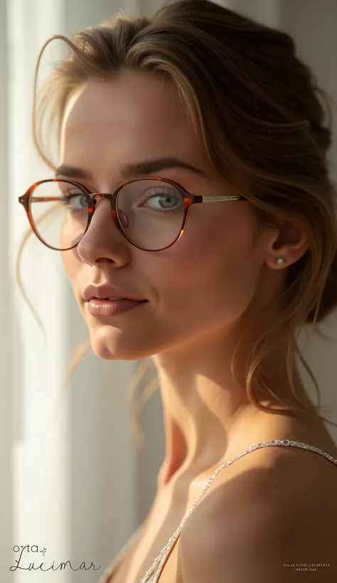 " Create a realistic image and Vibrant Instagram post from the eyewear store 'Ótica Lucimar'. The image must show a beautiful model , of an elegant and modern appearance , using glasses with a sophisticated and stylish design . The model is in a bright ...