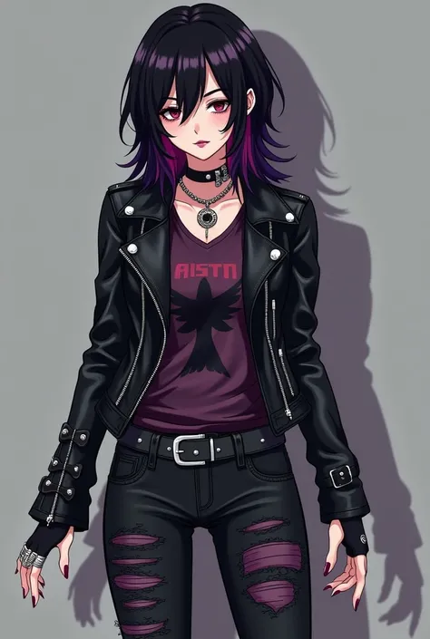  Modern Morrigan could wear a rocker look with a jello black leather jacket decorated with studs and dark purple details,  combined with a vintage band t-shirt and ripped skinny pants .  Mid-top boots with buckles add a touch of attitude .  Her accessories...