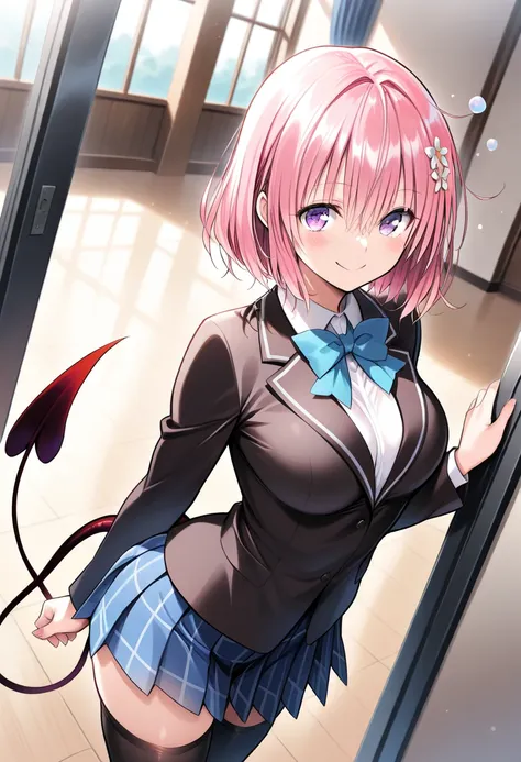   short hair 、 pink hair、 hair flower、 purple eyes、devil's tail、best quality ( best quality )、(Nonsense)、( very detailed)、( very beautiful way to hold ) information best quality 、 Ultra-fine、Most HD、 very detailed、masterpiece、 best quality 、{{ beautiful fa...