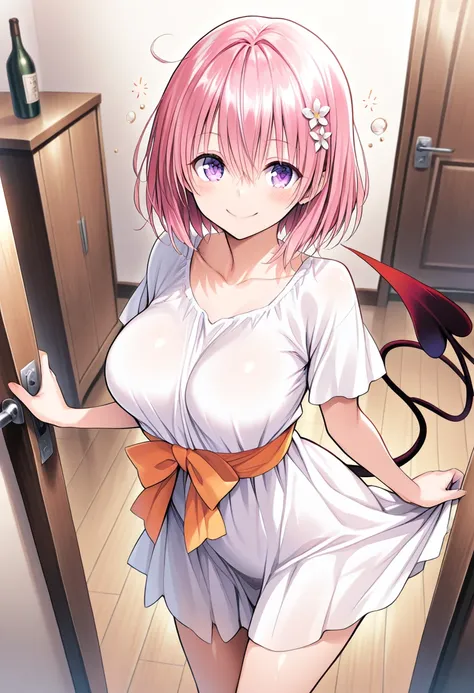   short hair 、 pink hair、 hair flower、 purple eyes、devil's tail、best quality ( best quality )、(Nonsense)、( very detailed)、( very beautiful way to hold ) information best quality 、 Ultra-fine、Most HD、 very detailed、masterpiece、 best quality 、{{ beautiful fa...