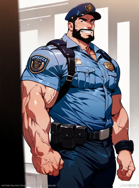 police  ,man, Muscular,  beard and short hair  ,  Large Penis,  A room in the back  .   just wearing a shirt,not, a big smile on the face ,