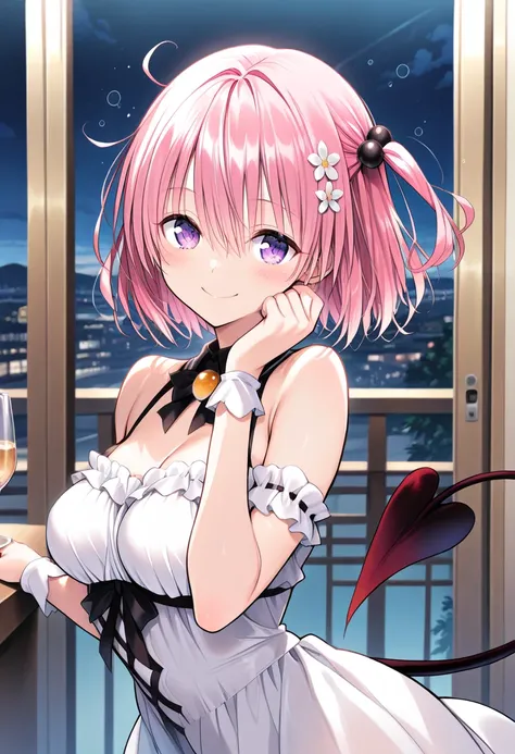   short hair 、 pink hair、 hair flower、 purple eyes、devil's tail、best quality ( best quality )、(Nonsense)、( very detailed)、( very beautiful way to hold ) information best quality 、 Ultra-fine、Most HD、 very detailed、masterpiece、 best quality 、{{ beautiful fa...