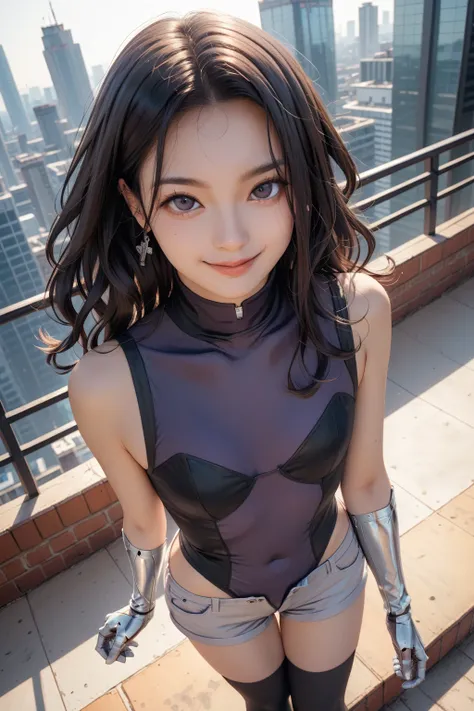   best image quality、 masterpiece、  in ultra high quality、（Shooting Resolution ：1.4）、  in ultra high qualityシネマ、  angle viewed from above、 face close-up、  Cyberpunk Night City 、  girl 、 Black wavy hair、SILVER SHORTS 、whole body、smile、Character 1 person、 Bl...