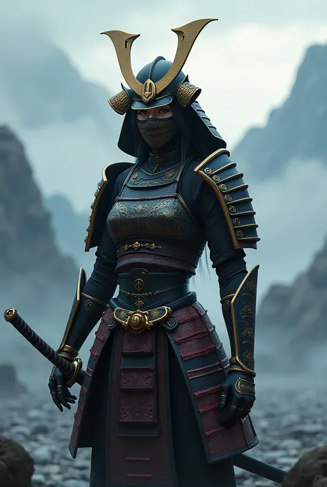 Anime girl samurai with armor and mask and a helmet 