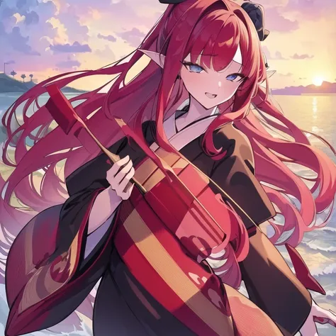 (best quality,4k,8k,highres,masterpiece:1.2),ultra-detailed,(realistic,photorealistic,photo-realistic:1.37),1girl,solo,redhead,long straight hair,curly hair,pointy ears,((black yukata)),kimono