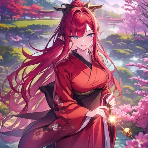 1girl,solo,redhead,long straight hair,curly hair,pointy ears,detailed facial features,beautiful detailed eyes,beautiful detailed lips,extremely detailed eyes and face,long eyelashes,black yukata,kimono,cherry blossom,japanese garden,sakura trees,pond,stone...