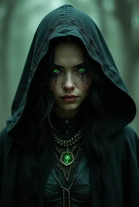 25-year-old witch ,  with black robe and hood ,  shimmering green eyes ,  wavy black hair , Wicked look,  scars and veins visible on her forehead and cheeks