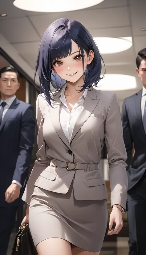 (a beautiful young business woman in her 20s:1.3), office lady, hurrying to work, dark blue hair brown eyes, asymmetrical bangs, beautiful detailed face, medium breasts, smiling expression, elegant office attire, cinematic lighting, office background, mast...