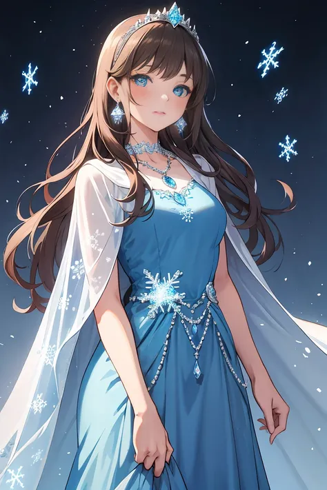  A beautiful 19-year-old princess with long brown hair .  She is wearing a blue dress with snowflakes on it . She has a diamond and sapphire tiara .  She has a diamond necklace with a sapphire pendant .  She has very long earrings with blue and silver ston...