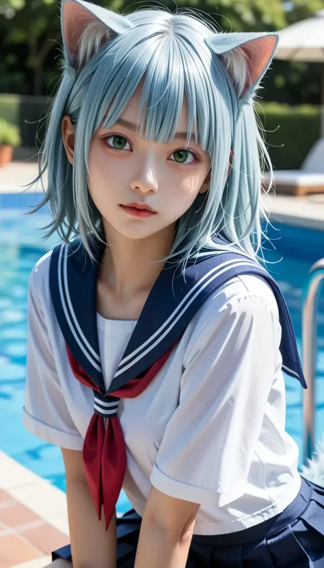  outdoor pool 、Japanese sailor girl 、 expression staring at the viewer 、squint、((( outdoor pool )))、break ((((Extreme close-up顔、 face close-up ))))、break (( round face、 beautiful skin、 dark green eyes 、 light blue hair,  messy twin tail hair、Bangs center p...