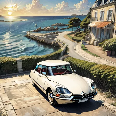 Citroen DS21, roule en bord de mer, avec du soleil, style dessin manga, Realstic, Distant view