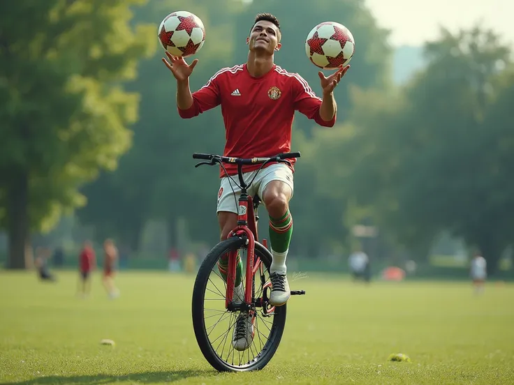 Ronaldo juggling soccer balls while balancing on a unicycle.

