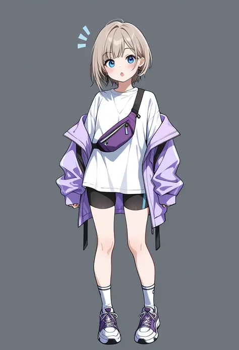 1girl, blue eyes, short hair, grey hair, :o, blush, off shoulder, open mouth, light brown hair, sneakers, jacket, shoes, bike shorts, shirt, socks, shorts, long sleeves, sleeves past wrists, notice lines, earrings, looking at viewer, standing, solo, open c...