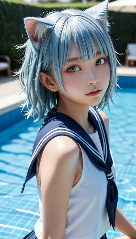  outdoor pool 、Japanese sailor girl 、 expression staring at the viewer 、squint、((( outdoor pool )))、break ((((Extreme close-up顔、 face close-up ))))、break (( round face、 beautiful skin、 dark green eyes 、 light blue hair,  messy twin tail hair、Bangs center p...