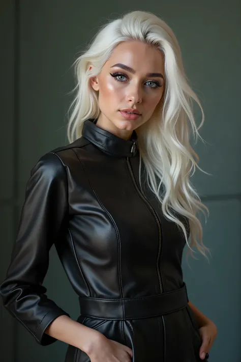 ,  white hair,   narrow face , grey eyes,   girl,  18 years old, slim figure,  almond-shaped eyes , Subscribe,   full lips,   European look ,   ultra highly detailed ,   black eyeliner  , leather summer dress  ,   over-the-knee boots  ,   professional phot...