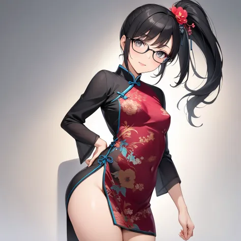 High resolution, high quality, HD, beautiful female, 1 female, pretty, cute, mature, ager, confident, black hair, long black hair, ponytail hairstyle, grey eyes, bright eyes, glasses, small breasts, medium breasts, qipao, lewd,sexy, slutty, show thighs, sh...