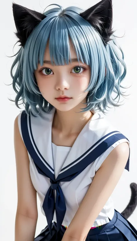 Japanese sailor girl 、 expression staring at the viewer 、squint、(((Gobi Desert)))、break (( round face、 beautiful skin、 dark green eyes 、 light blue hair,  messy twin tail hair、Bangs center parting 、Cat ears、 with beautifully manicured hair  、 skinny gravur...