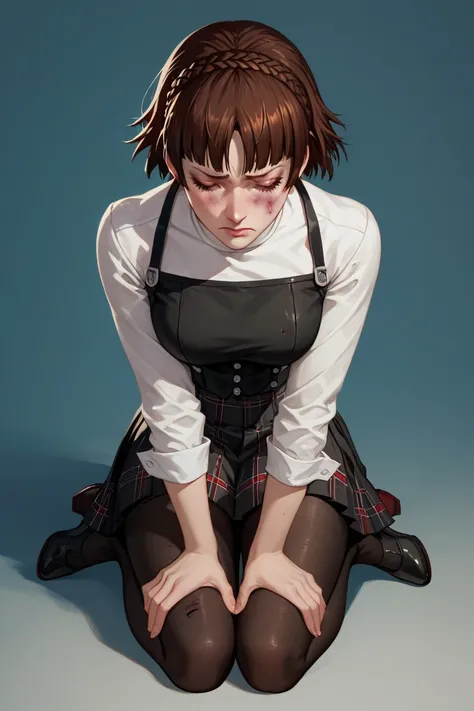 Makoto Niijima from Persona she wears a long sleeved white turtleneck white shirt and a black halter vest, and wears the regulated black skirt with red pleated plaid red square accents black skirt with red accents with a black pantyhose. rolled sleeves pus...